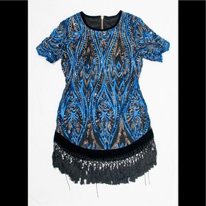 cobalt and silver sequin dress with tassel hem